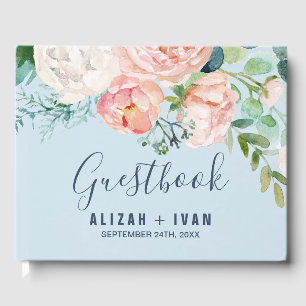Romantic Peony Flowers Light Blue Wedding Guest Book