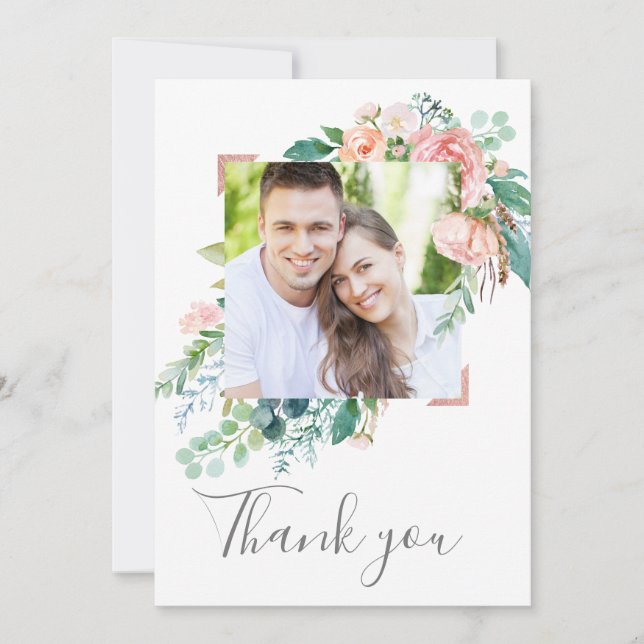 Romantic Peony Flowers Photo Thank You Card (Front)