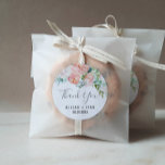 Romantic Peony Flowers Thank You Wedding Favour Classic Round Sticker<br><div class="desc">These romantic peony flowers thank you wedding favour stickers are perfect for an elegant wedding. The floral design features blush pink, peach and white cascading watercolor flowers. Personalize the sticker labels with your names, the event (if applicable), and the date. These stickers can be used for a wedding reception, bridal...</div>