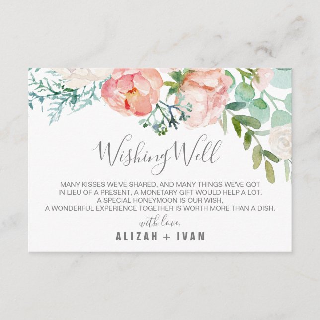 Romantic Peony Flowers Wedding Wishing Well Enclosure Card (Front)