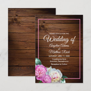 Romantic Peony Flowers Wooden Formal Wedding Invitation