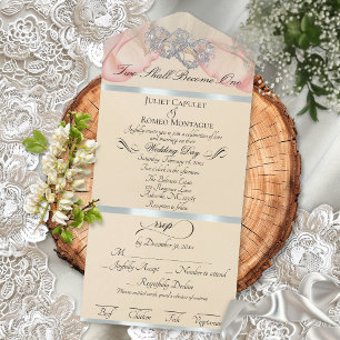 Romantic Petals & Hearts - Peach/Silver All In One Invitation