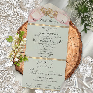 Romantic Petals & Hearts - Sage Pearl/Gold All In One Invitation