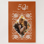 Romantic Photo Burnt Orange 50 Anniversary Puzzle<br><div class="desc">The charming puzzle design showcases a beautiful watercolor illustration of a white floral frame on a warm, earthy orange background. Personalize it to your liking by tweaking the text, uploading a photo, and choosing from anniversary numbers like 10, 20, 30, 40, 50, 60, 70, 80, or 90. It's a special...</div>