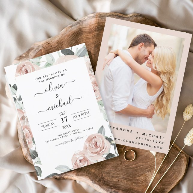 Romantic Photo Dusty Pink Floral Wedding Invitation (Creator Uploaded)