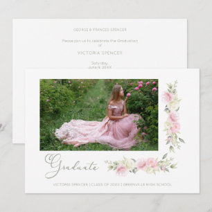 Romantic Photo Spring Pink Floral Wreath Graduatio Invitation