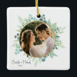 Romantic Photo Wedding Keepsake Ceramic Ornament<br><div class="desc">A favourite wedding photo becomes a romantic keepsake with this elegant serif design. Clean lines and classic type create a timeless look that highlights your image with refined simplicity. Whether given as a gift or displayed during the holidays,  it’s a lasting way to celebrate love and commitment.</div>