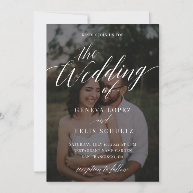 Romantic Photo White Script Wedding Details Invitation (Front)