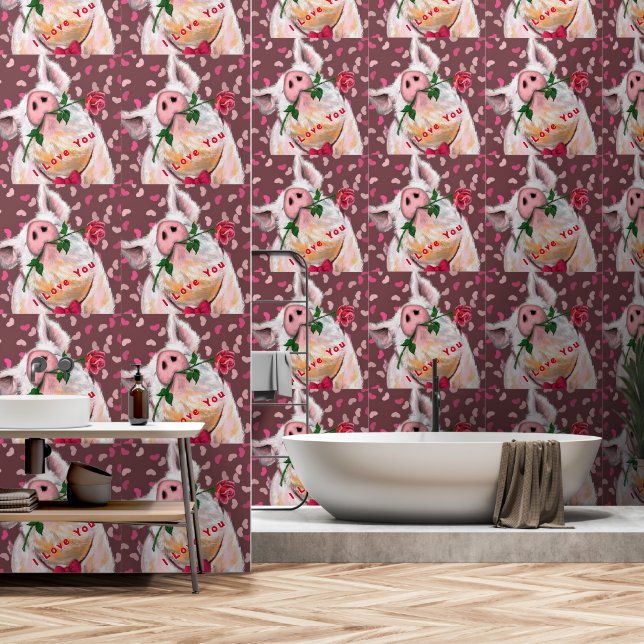 Romantic Pig with Rose Funny Wallpaper (Bathroom)