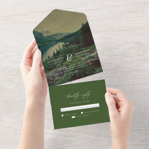 Romantic Pines Mountains Lake Destination Wedding All In One Invitation