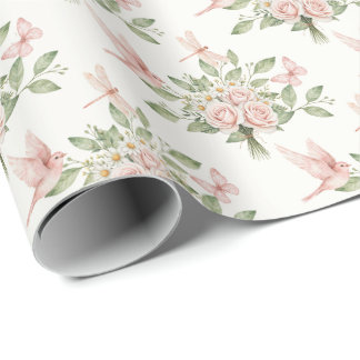 Romantic pink and green bird and flowers wrapping paper