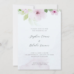 Romantic Pink and Green Floral Blue Wedding Invitation