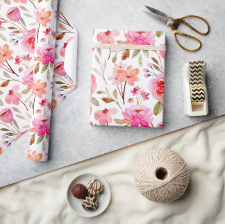 Romantic Pink and Peach Watercolor Floral Wrapping Paper