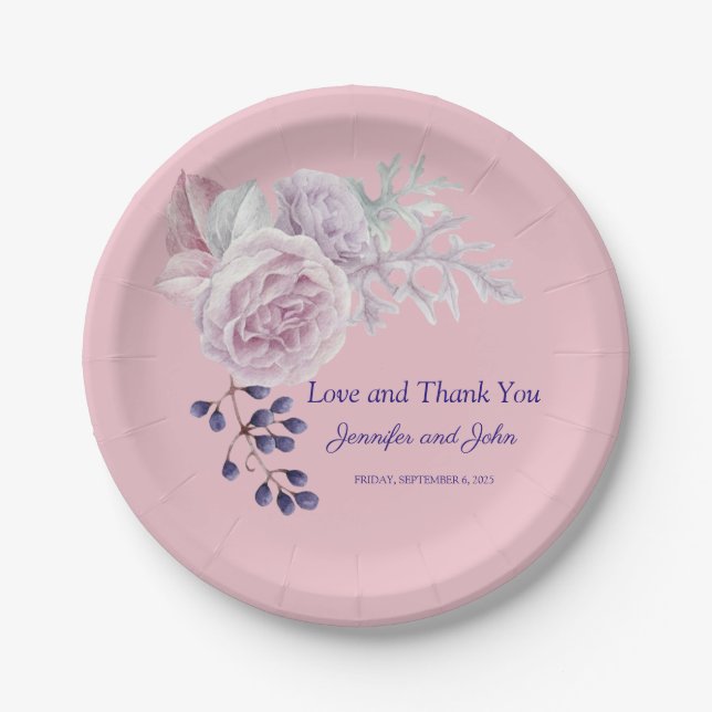 Romantic Pink and Purple Peonies Wedding Paper Plate (Front)