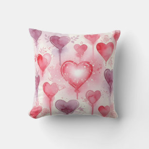 Romantic Pink and Purple Watercolor Hearts Pattern Throw Pillow