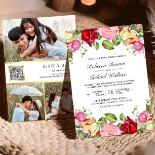 Romantic Pink and Red Roses QR Code Wedding Invitation