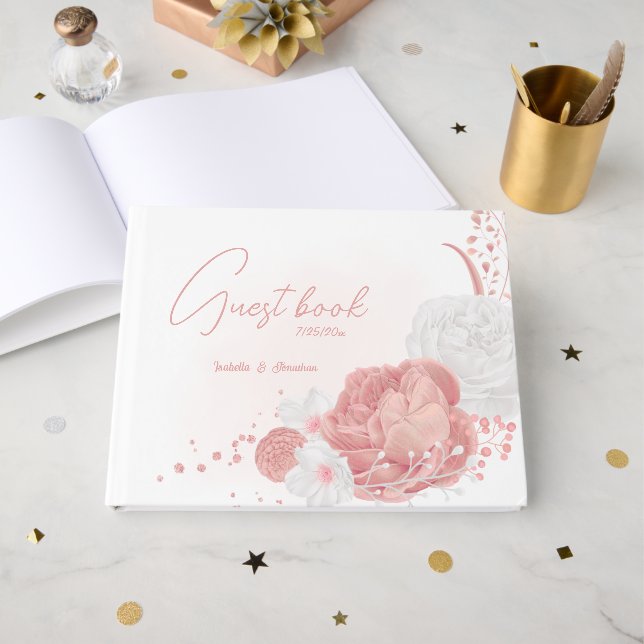romantic pink and white flowers botanical wedding  guest book (Front Open)