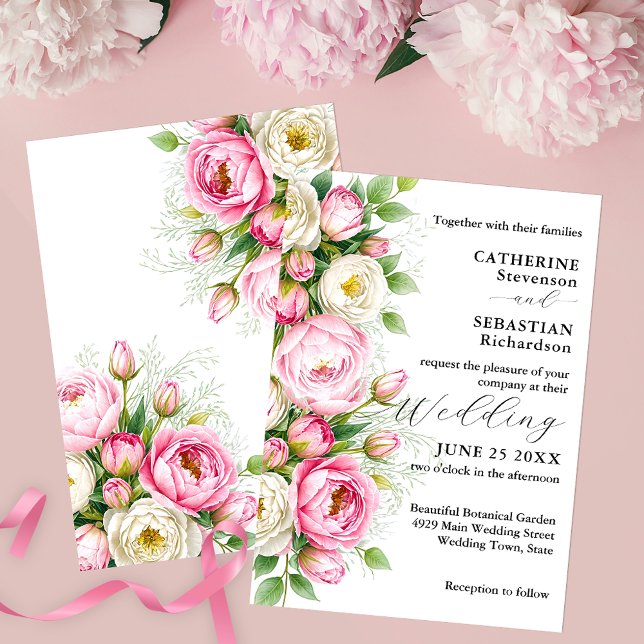 Romantic Pink and White Peony Flowers Wedding Invitation (Creator Uploaded)