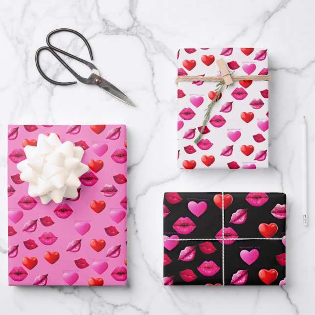 Romantic Pink & Black Hearts & Kisses Valentine's Wrapping Paper Sheet (Front)