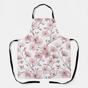 Romantic Pink Blossom Branches White Floral Apron