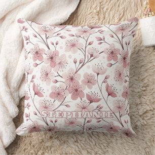 Romantic Pink Blossom Branches White Floral Throw Pillow