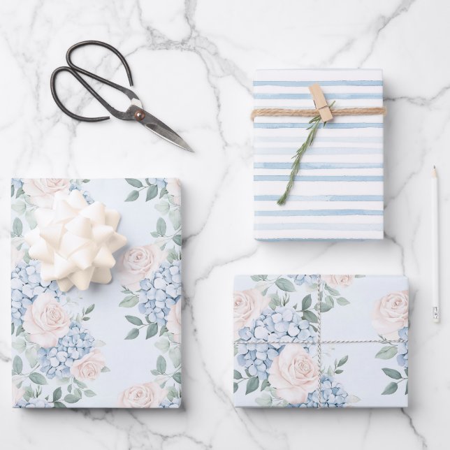 Romantic Pink Blue Flowers Bridal Shower Wrapping Paper Sheet (Front)