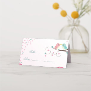 Romantic pink & blue love bird botanical place card