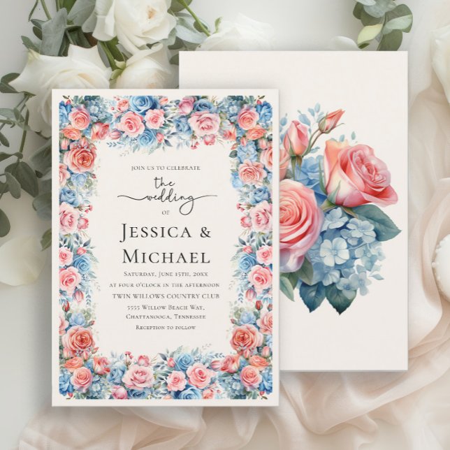 Romantic Pink Blue Watercolor Floral Wedding Invitation (Elegant pink and blue floral wedding invitation)