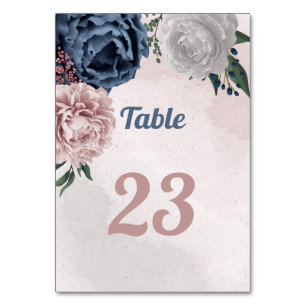 romantic pink blue & white floral greenery table number