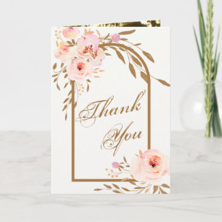 Romantic Pink Blush Gold Floral Wedding Photo Thank You Card