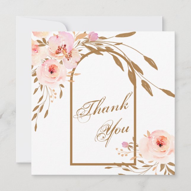 Romantic Pink Blush Gold Floral Wedding Photo Thank You Card (Front)