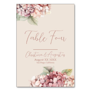 Romantic Pink & Blush Hydrangea Flowers Table Number