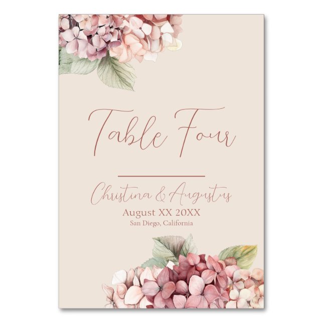 Romantic Pink & Blush Hydrangea Flowers Table Number (Front)