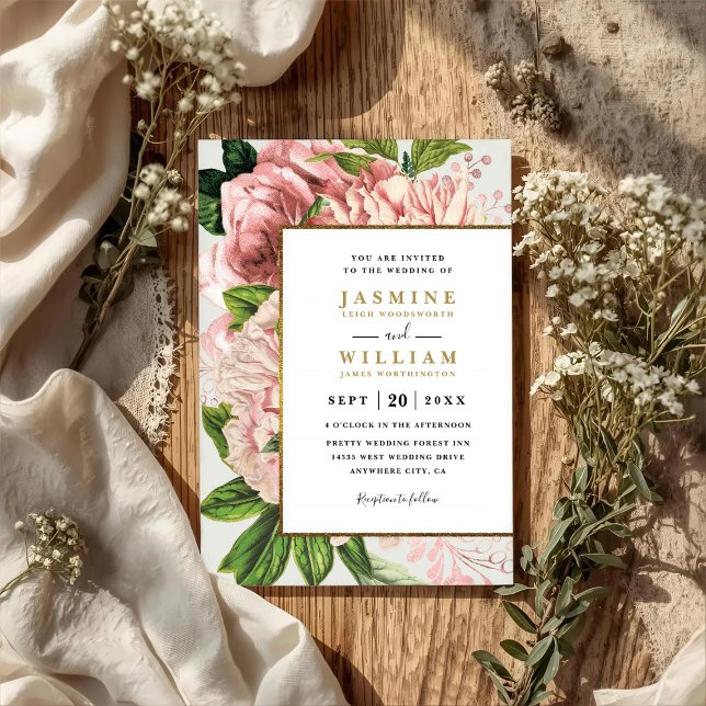 Romantic Pink Bouquets Rustic Chic QR Code Wedding Invitation (Creator Uploaded)