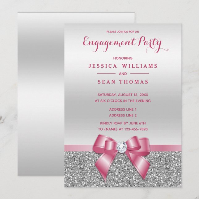 Romantic Pink Bow, Silver Glitter Engagement Invitation (Front/Back)