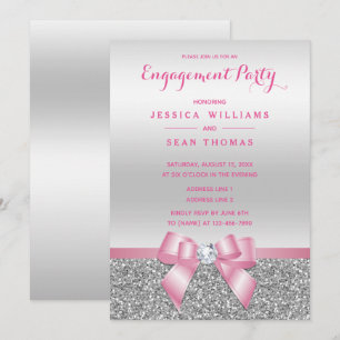 Romantic Pink Bow & Silver Glitter Engagement Invitation