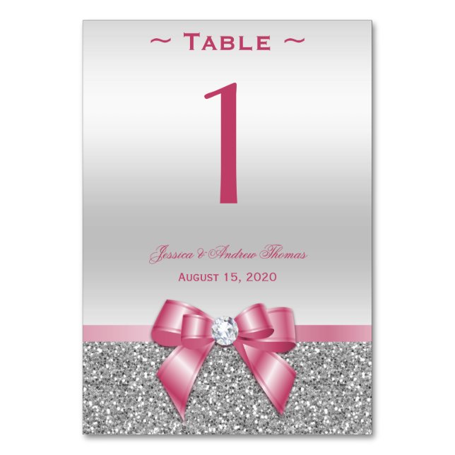 Romantic Pink Bow & Silver Glitter Table Number (Front)