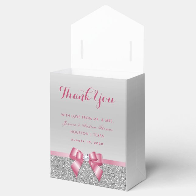 Romantic Pink Bow & Silver Glitter Wedding Favor Box (Opened)
