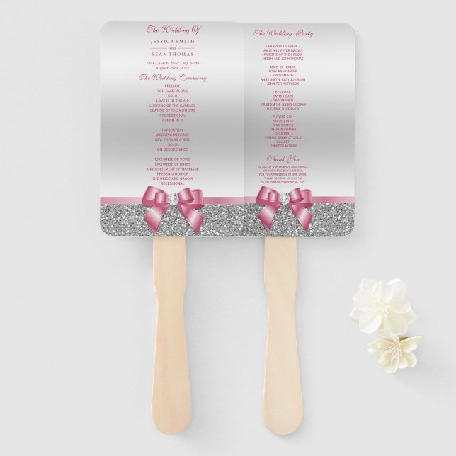 Romantic Pink Bow, Silver Glitter Wedding Program Hand Fan (Front and Back)