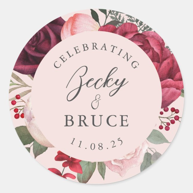 Romantic Pink Bridal Bouquet Bride & Groom Names Classic Round Sticker (Front)