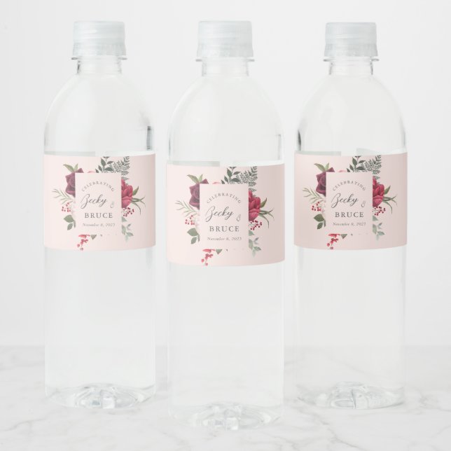Romantic Pink Bridal Bouquet Personalized Water Bottle Label (Bottles)