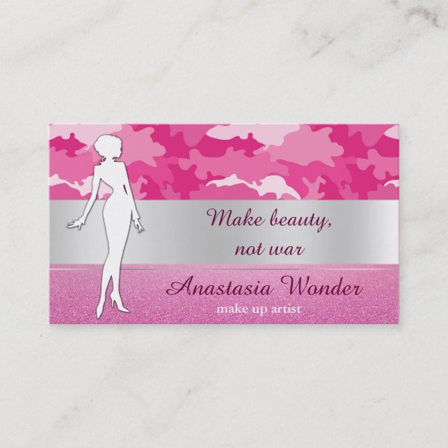 Romantic pink  camouflage pattern make up artist business card (Front)