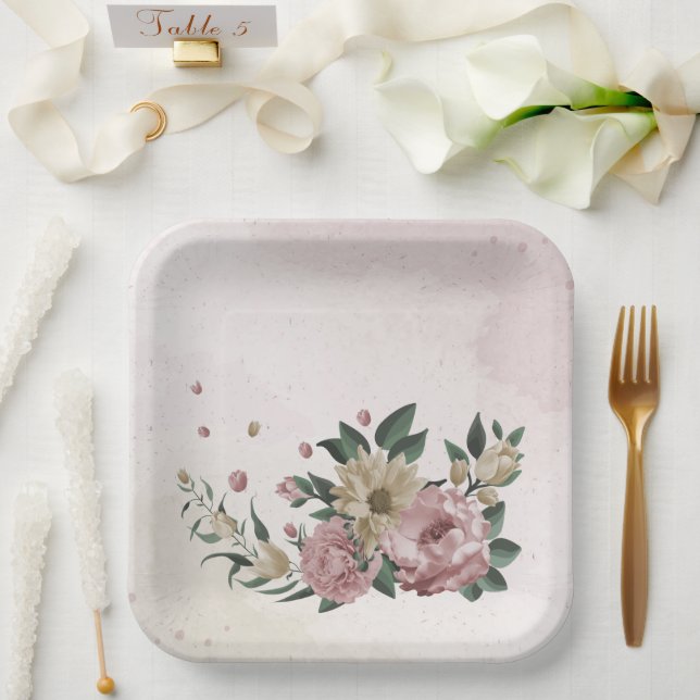  romantic pink & champagne flowers  paper plate (Wedding)