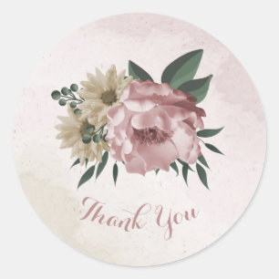romantic pink & champagne flowers thank you classic round sticker