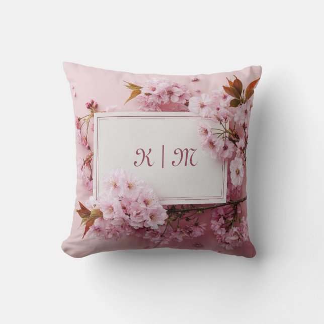 Romantic Pink Cherry Blossom and Bronze Leaf Throw Pillow (Front)