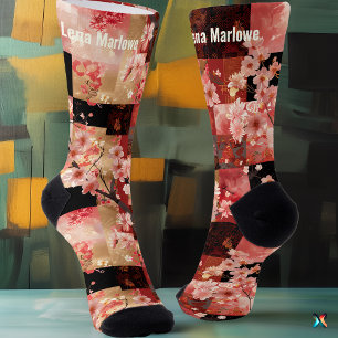 Romantic Pink Cherry Blossom Floral Patchwork Socks
