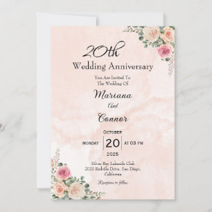 Romantic Pink Cream Floral Wedding Anniversary Invitation