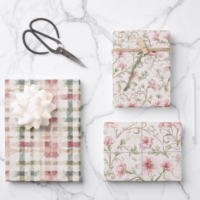 Romantic Pink Cream Floral Wrapping Paper Sheet (Front)