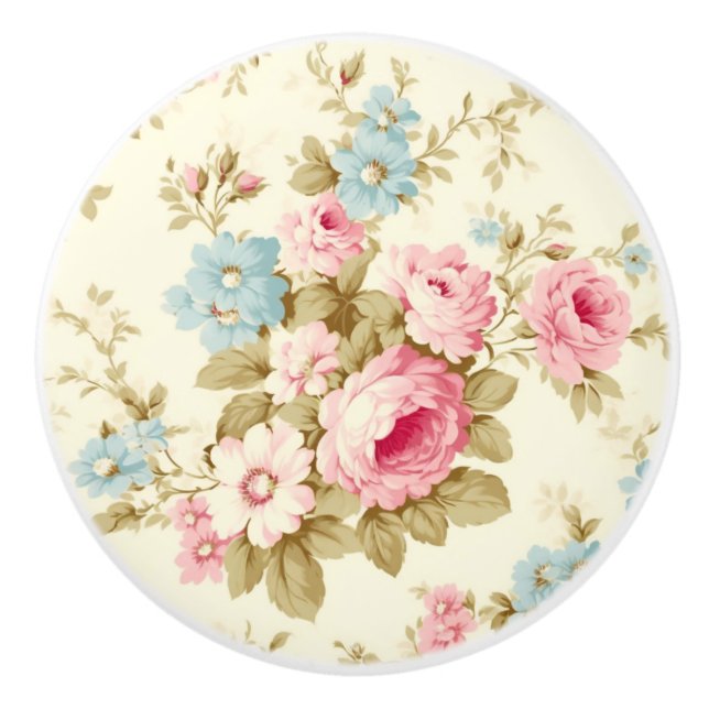 Romantic Pink English Roses on Pale Yellow Ceramic Knob (Front)
