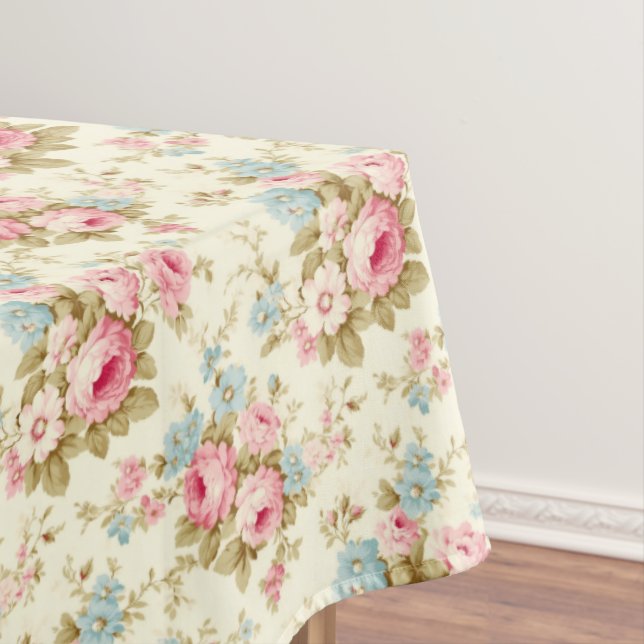 Romantic Pink English Roses on Pale Yellow Tablecloth (In Situ)